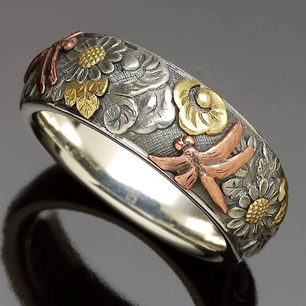 Vintage S925 750 Sterling Silver Rose Gold Carved Dragonfly Sunflower Ring - Picture 4 of 16